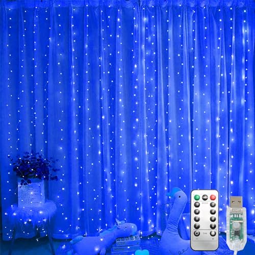 300 LED Fairy Lights, Twinkle Lights with 8 Light Modes, 9.8x9.8Ft Curtain String Lights Remote Control for Christmas, Bedroom, Indoor, Outdoor, Weddings, Party, Camping Decor (Blue)