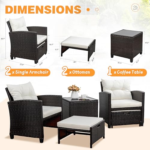 Shintenchi 5 Pieces Patio Furniture Set, Outdoor Wicker Patio Conversation Set with Ottoman, All Weather Rattan Outside Chairs with Coffee Table & Cushion for Porch, Garden, Backyard, Beige - Image 3