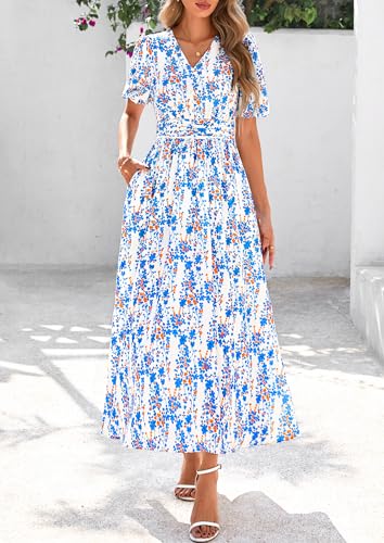 Image of PRETTYGARDEN Women's Summer Boho Maxi Dress 2025 Casual Floral V Neck Puff Short Sleeve Beach Vacation Flowy Long Sundresses