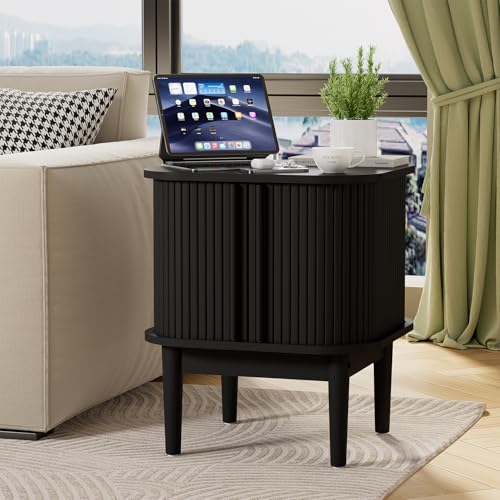 Image of Furniway Mid Century Nightstands Set of 2, Fluted Bedside Tables with Sliding Door Storage, Wooden End Tables with Solid Wood Legs for Bedroom, Black