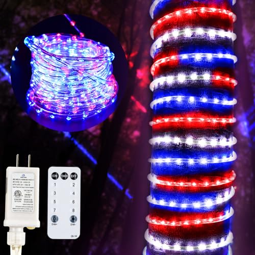 4th of July Decorations outdoor Lights 50ft 600LED Red White and Blue Rope Lights Patriotic Rope Lights Plug in 8 Modes Remote Timer with Memory for Independence Day Memorial Day National Day