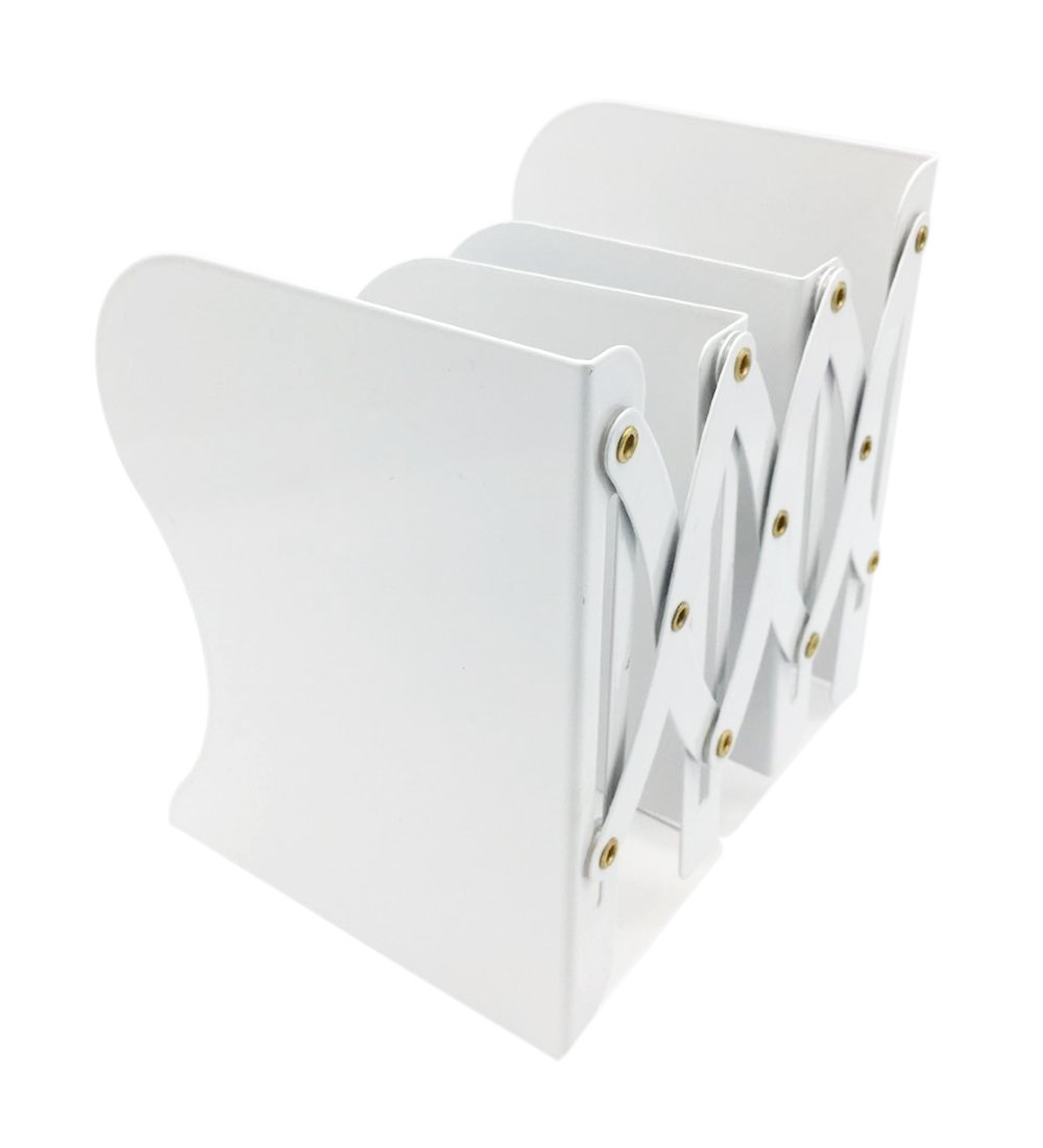 Metal Bookends Adjustable Nonskid Design (Longest 13 Inch) Heavy Duty Books Holder (White)