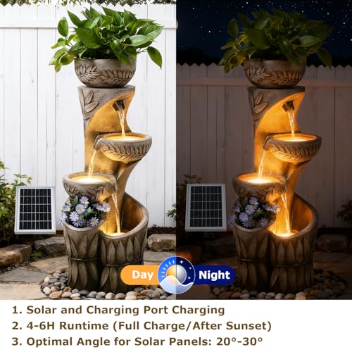 Image of 4 Tiered Solar Water Fountain Outdoor Garden Waterfall Fountains | 35.6 inch Tall Cascading Bowl Leaf Carved Outdoor Modern Water Feature with Dual Planters for Patio, Deck, Yard