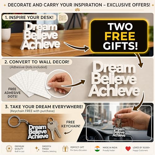 Image of Mad Masters Dream Believe Achieve Motivational Desk Decor - Aesthetic Table, Shelf & Wall Showpiece for Home Office, Business. Vastu Friendly Gifting, Classic White (8x5.5x1 Inch)