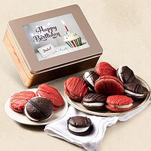 Dulcet Gift Baskets Happy Birthday Chocolate and Red Velvet Whoopie Pie Assortment Gift Tin – Great Gift for All Ages – Women, Men, Grandparents, BFFs, Coworkers.