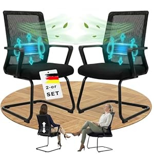 VALKENSTOL K1 Konferenzstuhl Freischwinger Schwarz mit Armlehne - Ergonomischer Besucherstuhl mit Verstellbarer Lordosenstütze & Netzrücken - Bürostuhl ohne Rollen, Wasserabweisend, bis 150kg 2er Set