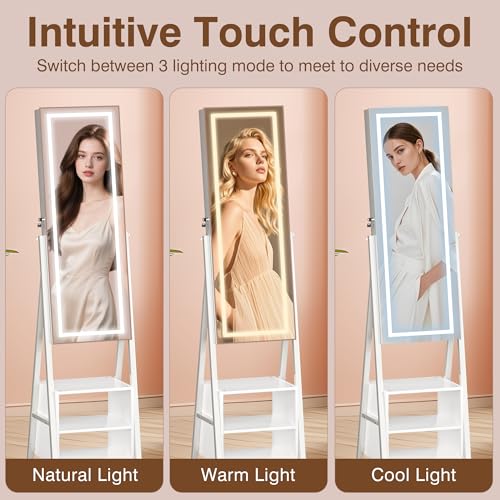 Image of VECELO Jewelry Cabinet with Lights, 63 inch Full Length Mirror with Jewelry Storage, Lockable Standing Jewelry Mirror Cabinet, 3 Colors Mode, Powered By USB, White
