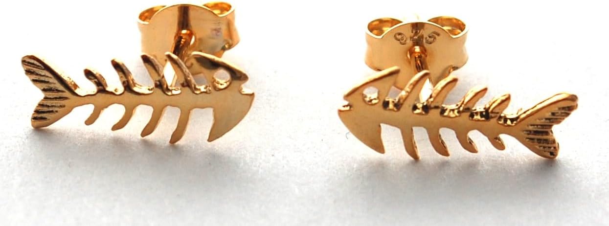 Fish Bones Skeleton Stud Earrings -14k gold over sterling silver