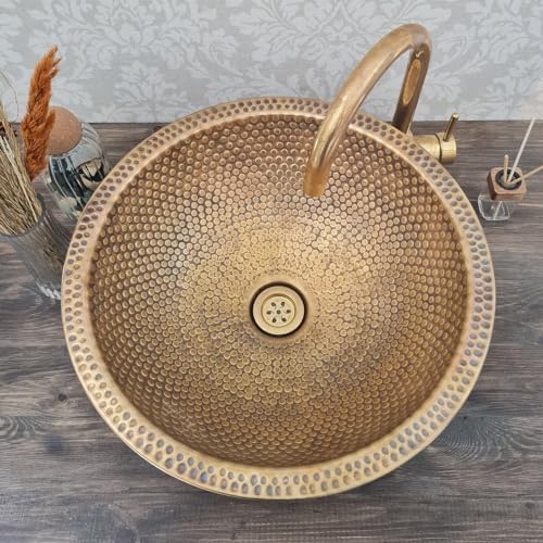 MIRATILE Custom Made 16 Guage Brushed Brass Bathroom Sink, Round Coutertop Brushed Brass Bathroom Basin, Handmade Hammered Copper Above Countertop Vessel Bowl sink with 2 gifts (8