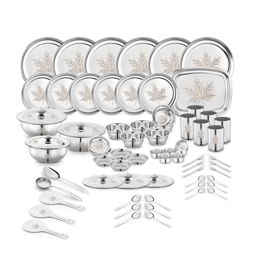 Image of Classic Essentials Stainless Steel Dinner Set|Serves 6 People|Heavy Gauge|Kitchen Set|Permanent Laser-Maple, (Set of 68)