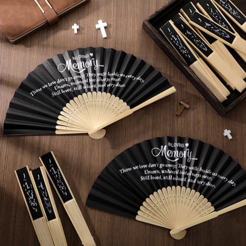 Image of Threehoney 25 Pack Funeral Favors for Guests in Loving Memory Handheld Fans Black Paper Folding Hand Fan Bulk Funeral Gifts for Services Condolence Sympathy Accessories