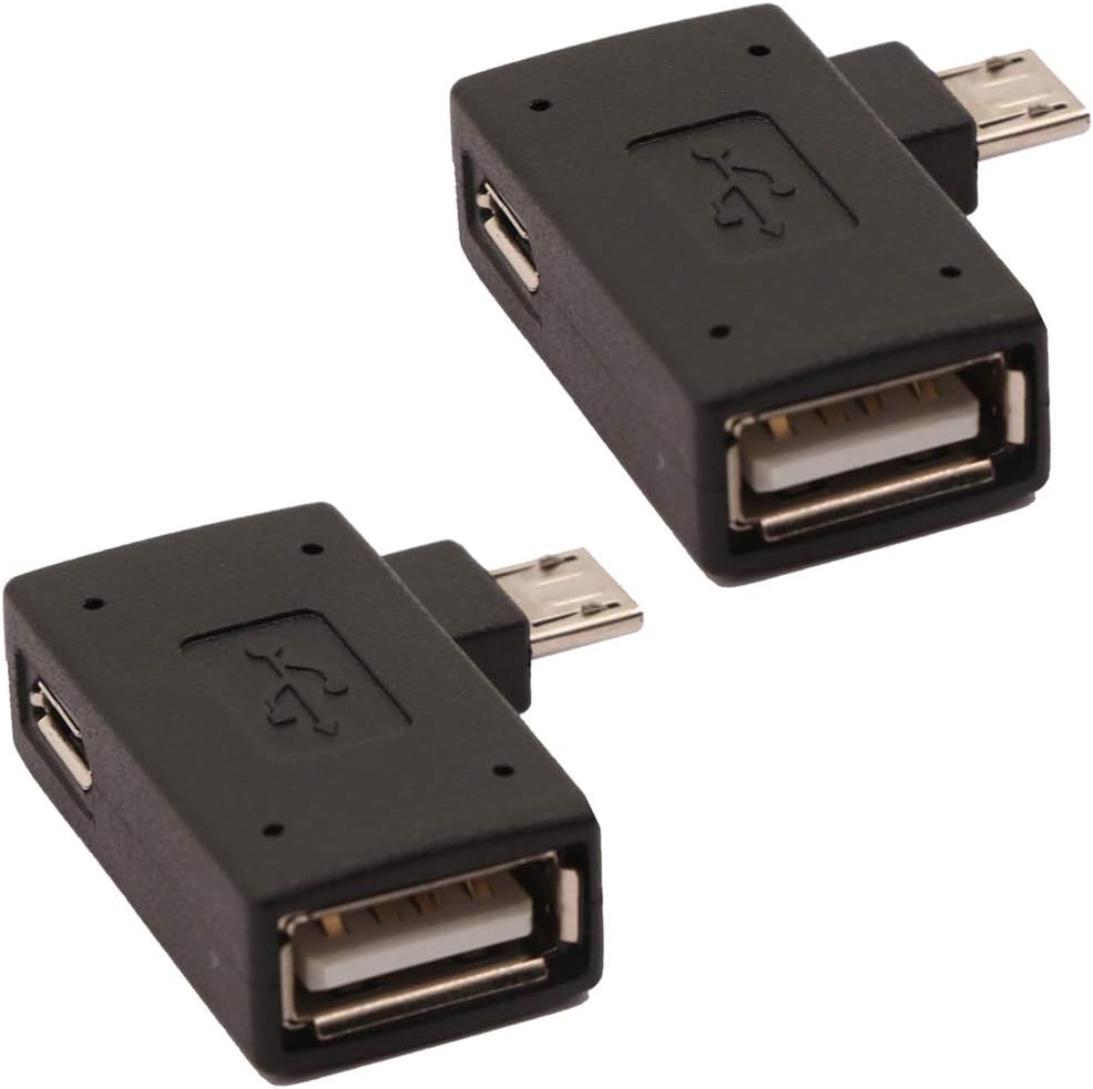 2-in-1 Powered Micro USB to USB OTG Adapter 90 Degree Right Angle Connector for FireStick, S/NES Classic Mini, Sega Genesis and More - 2 Pack