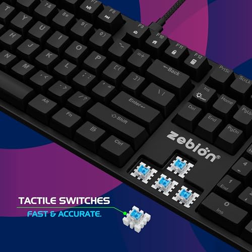 Image of Zebion Spear Mechanical Gaming Keyboard, Tacticle Switches, 16 Lighting Effects, 25 Anti Ghosting Keys, 12 Multimedia Keys, Square Keycaps, Full Size Wired Keyboard for Windows /Mac /PC (Black)