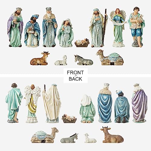Image of Glitzhome 12Pcs Nativity Figurines Sets for Christmas Indoor, Deluxe Blue Resin Christian Nativity Set Xmas Nativity Scene Tabletop Ornaments Miniatures Statue Nativity Figures Collectible 10 inch x 26 inch