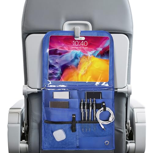 Airplane Pocket Organizer with Tray Table Cover,Portable In Flight Seat Back Organizer & Storage Bag, Commuter Essential Travel Bag Travel Accessories for Flying,Blue (Navy blue)2