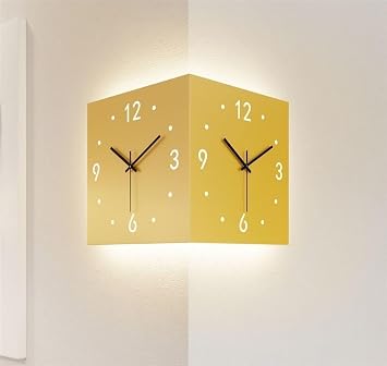 Double-Sided Corner Wall Clock, Creative Silent Wall Clock, Decorative Wall Clock with Light, Suitable for Bedroom, Living Room, Study, OfficeYellow,with Light