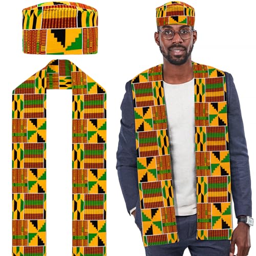 2 Pcs African Hats Kente Scarf Sets African Turban Dashiki Cloth Print Sash Kwanzaa Graduation Stole Black History Scarf for Men Women