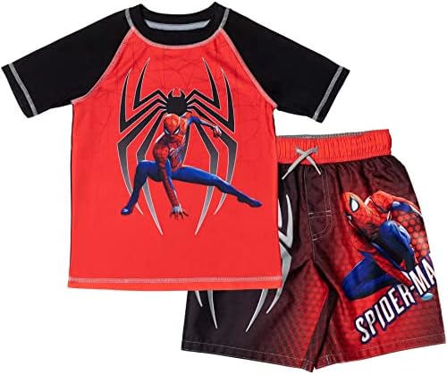 Marvel Avengers Legends Spider-Man Little Boys Swim Rash Guard Swim Trunks Red/Black 5-6
