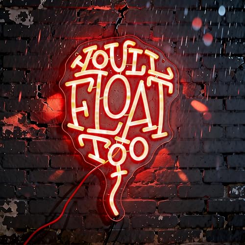 Image of You'll Float Too Neon Sign, Dimmable LED Wall Light, USB Powered Horror Movie Decor for Gothic Room, Creepy Clown Fans, Spooky Halloween Wall Art & Scary Gift