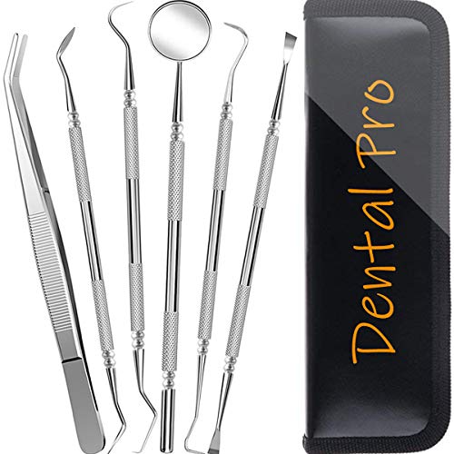 Dental Tools Cbiumpro 6 Pack Teeth Cleaning Tools Professional Dental Hygiene Kit Plaque Scraper Tartar Remover Dental Pick Mouth Mirror for Dentist, Adults, Kids, Pet Dogs With Leather Carrying Case