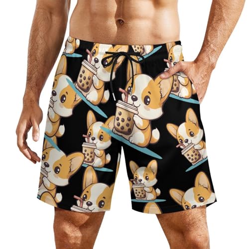 Corgi Dog Puppy Pearl Milk Tea Beach Shorts for Men Swim Trunks Quick Dry Swim Shorts with Compression Liner Pocket - Main Image