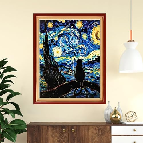 Image of Funchey Stamped Cross Stitch Kits, DIY Cross Stitch Pattern for Adults Beginners Needlepoint Kits Embroidery Kit Arts and Crafts 11CT-Van Gogh Starry Sky Cat Admiring Moon 16x20 inchs
