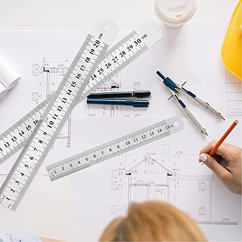 Edelstahl Lineal Metall Lineal Stahllineal Kante Messwerkzeug Edelstahl-lineale Präzisions Edelstahl-lineal Set Metall Lineal für Engineering, Lehre Und Büro Zeichnungen, 15cm/20cm/30cm(12 Stücke）