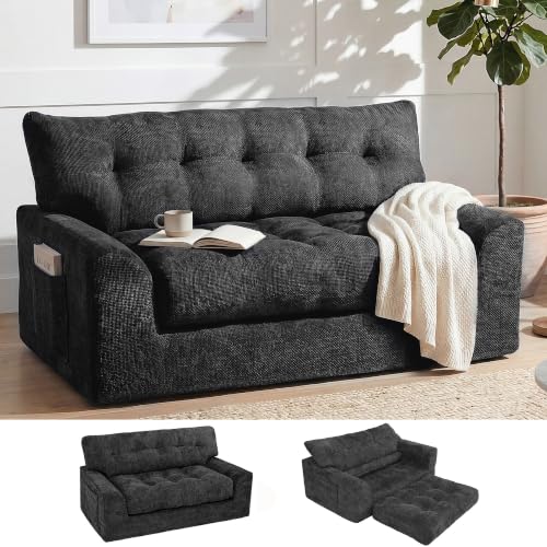 Image of MONVANE 55.5 inch Convertible 3‑in‑1 Chenille Boneless Loveseat Sofa, Black | Modern Deep Seat Cloud Couch with Storage Pocket, Fits Living room, Bedroom & Apartment, No Assembly Required