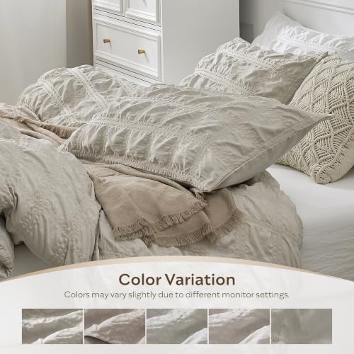 Image of JELLYMONI Seersucker Duvet Cover Set Full, 3pcs Oatmeal-Grid Polyester | In Guest Room & Studio, Single Upgrades Pick, Crinkled Texture, Oeko-Tex Certified, 8 Corner Ties & Hidden Zipper