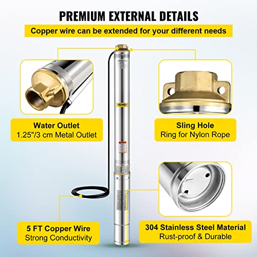 Vevor Deep Well Submersible Pump, 1.5 Hp 220V 50 Hz, Stainless Steel W/5 Ft Cable Wire, 1.25" Water Outlet, 24 Gpm & 390 Ft Head For Farmland Irrigation And Factories #TOP5