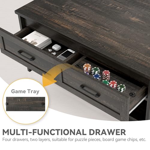 DWVO Board Game Table Living Room: 3-in-1 Game & Puzzle Table with Play Mat, 4 Drawers, Power Outlet, Removable Top (Dark Oak)