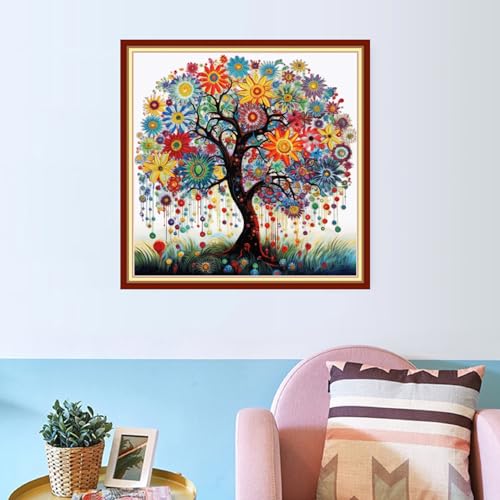 Image of Redxing Stamped Cross Stitch Kits Embroidery kit for Beginners Adults Full Range of Embroidery Patterns Starter Kits DIY Printed Cross Stitch Kits Needlepoint Kits 11CT-Colorful Tree 18x18 inch