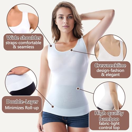 Image of +MD Women's Seamless Short Sleeve Undershirt, Light Compression Scoop Neck Tank Top, Tummy Control Basic Tee Camisole