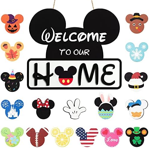 19Pcs Mouse Seasonal Interchangeable Welcome Door Sign Welcome to Our Home Wooden Hanging Signs Round Decorative Home Porch Plaques Set for Summer Autumn Halloween Christmas Decoration