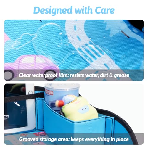 Image of Kids Travel Tray for Car, Boy's Safety Seat Table, Carseat Lap Desk | Weight-Relief Strap, Non-Skid Silicone Base, Waterproof Dining /Craft Mat