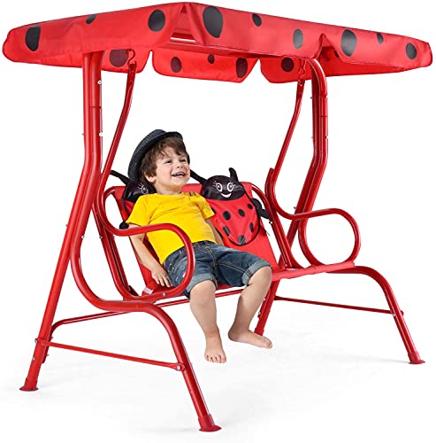 Honey Joy Kids Patio Swing, 2-Seater Outdoor Porch Swing Lounge Chair W/Canopy & Safety Belt, All Weather Resistant Waterproof Hanging Swing Bench For Patio Garden Poolside Balcony(Red Beetle) #TOP29
