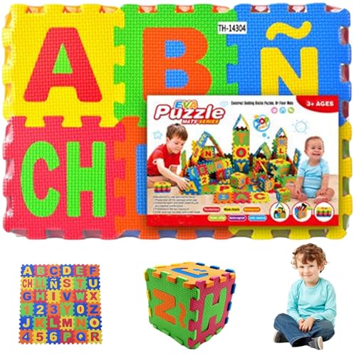 Puzzle-Teppich mit 36 Kacheln, 78, 7 x 78, 7 cm, Babymatte aus EVA-Schaum für den Boden, ineinandergreifende Puzzlematte mit spanischem Alphabet zum Spielen und Trainieren, Schaumstoff-Spielmatte f