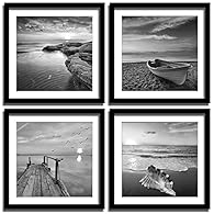 The Home Art Canvas Painting Size: 4 panels canvas prints describe Black and White sea and beach in Sunrise decor picture, 12x12 Inches(30cmx30cm) the image is just for displaying, please measure your Wall Size before purchase. Ready to Hang: Wooden ...