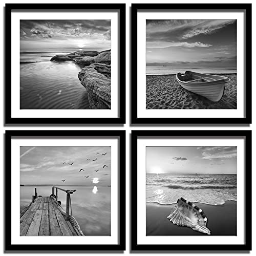 Black Prints Beach Picture Decor - Grey Seascape In Sunrise Paintings Set Of 4 Framed Card Paper Wall Art 12x12 Inches Romantic Sea Scenery Artwork for People Home Bedroom Bathroom Kitchen Decoration