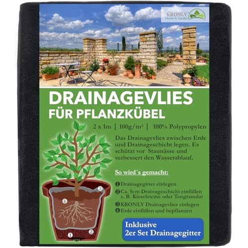 KRONLY Vlies für Blumentöpfe 2m x 1m + Drainagegitter 2 Stück verhindert Staunässe 50g/m² Unkrautvlies Blumenkübel