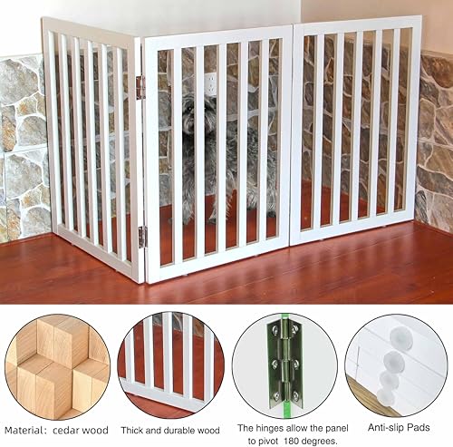Image of Belief Foldable Wooden Pet Gate for Dogs & Cats - Indoor Safety Barrier for Doorways, Hallways & Stairs | Free-Standing, Portable White Dog Fence - 3 Panel, 60 cm Height (【3 Panels 】 59''W x 30''H)