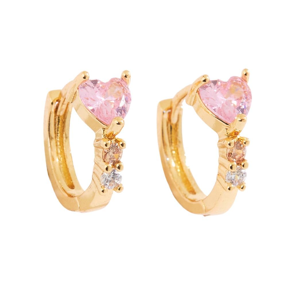 GIMME PIECE 18K Gold Plate Heart Huggie Earrings for Women,Hypoallergenic, Cubic Zirconia | Pastel Hearts Huggies