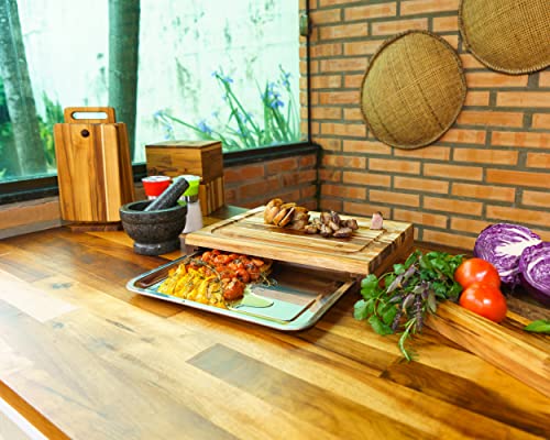 Meistar Large End Grain Teak Wood Cutting Board. Thick Butcher Block For Kitchen, Brisket And Bbq With Stainless Steel Tray And Juice Groove (Teak Wood + S. Steel Tray, Large) #TOP1