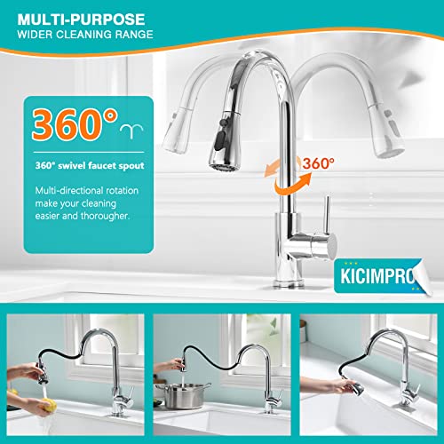 Kicimpro Chrome Kitchen Faucet, Kitchen Faucets For Sink 3 Hole High Arc Single Handle Stainless Steel Commercial Rv Camper Kitchen Faucet With Pull Down Sprayer Llaves Para Fregaderos De Cocina #TOP1