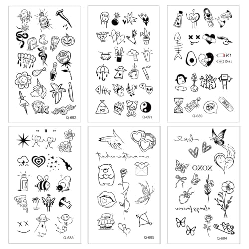 COYUN 6 Folhas 100 tatuagens temporárias adultos em desenhos frases preto estilo boêmio coração amor flores hena tatuagens para mulher homem crianças vida diária festas concerto Halloween carnaval