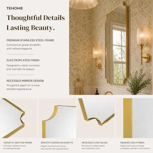 Image of TEHOME Gold Bathroom Mirrors, Brushed Brass Rectangle Scalloped Vanity Mirror for Bathroom,20x30''