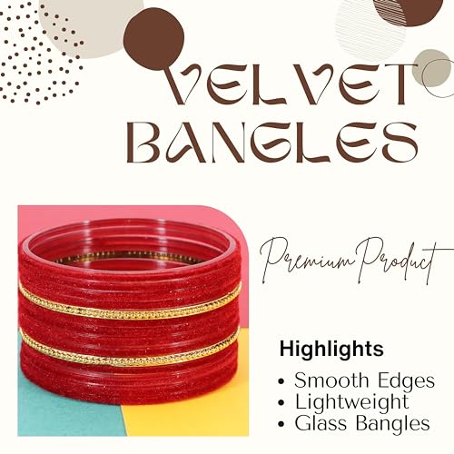 Image of NMII Glass Bangles For Women and Girls with Velvet and Golden Ballchain Linked | Plain Glass Bangles | Velvet Chudi Set | Bangles For Women | Stylish Glass Chudi Bangles- Set of 28