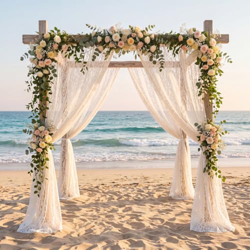 Image of HunnmingRe 4 Panel Ivory White Wedding Arch Draping Fabric Summer 30 inch X 18 FT Lace Wedding Arch Drapery Embroidered Boho Rustic Backdrop Vintage Decor for Bridal Shower Church Ceremony Decoration