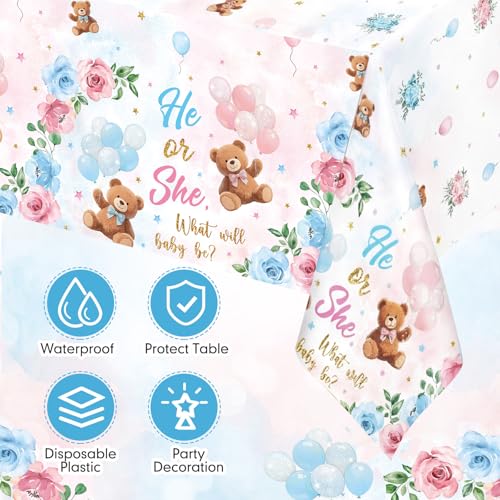 Image of Ganeen 3 Pcs Bear Gender Reveal Tablecloths Disposable Plastic He or She Gender Reveal Bear Decorations Blue Pink Baby Shower Rectangle Table Cover Waterproof for Baby Shower Party, 54 x 108 Inch