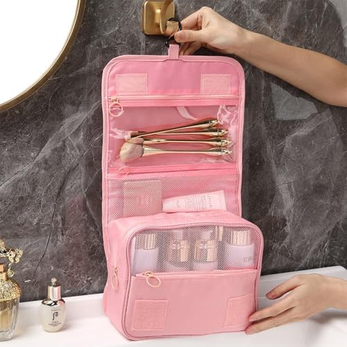 Image of Travel Toiletry Bag with Hanging Hook, Waterproof Cosmetic Organizer Pouch, Foldable Makeup Storage Case with Mesh & Transparent Compartments, Portable Travel Accessories Bag (Pink Pink)